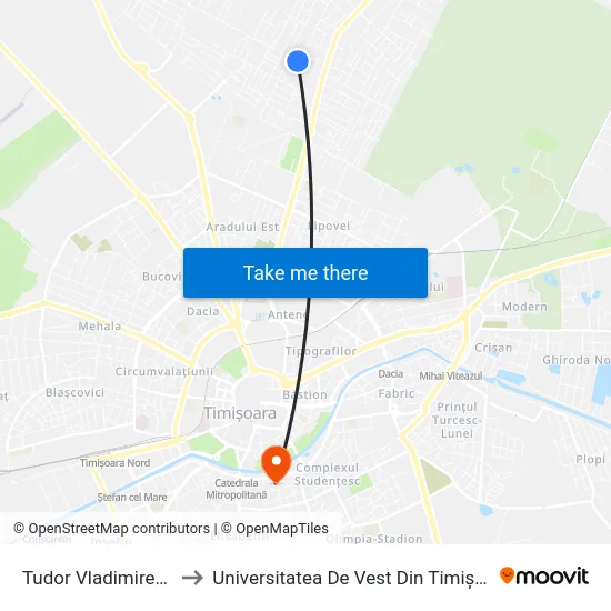 Tudor Vladimirescu to Universitatea De Vest Din Timișoara map
