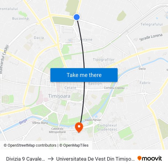 Divizia 9 Cavalerie to Universitatea De Vest Din Timișoara map