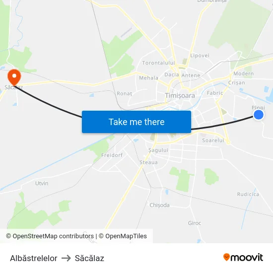 Albăstrelelor to Săcălaz map