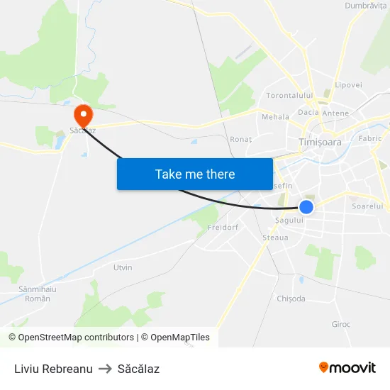 Liviu Rebreanu to Săcălaz map