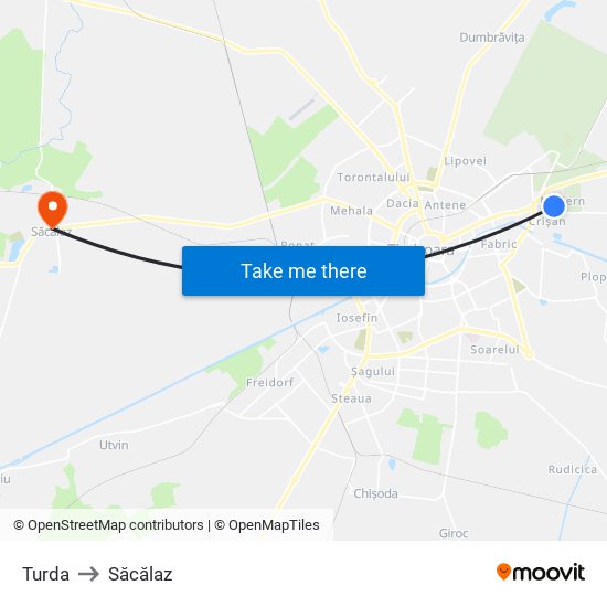 Turda to Săcălaz map