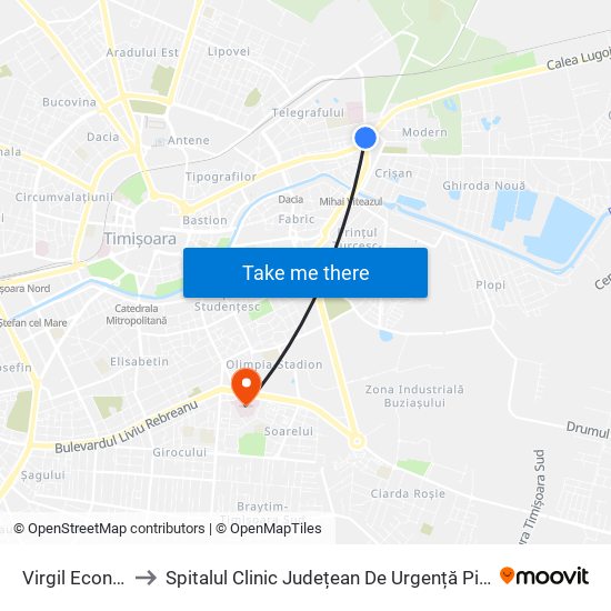 Virgil Economu to Spitalul Clinic Județean De Urgență Pius Brînzeu map