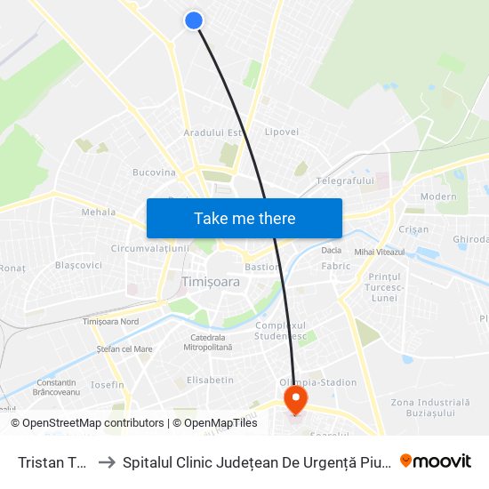 Tristan Tzara to Spitalul Clinic Județean De Urgență Pius Brînzeu map