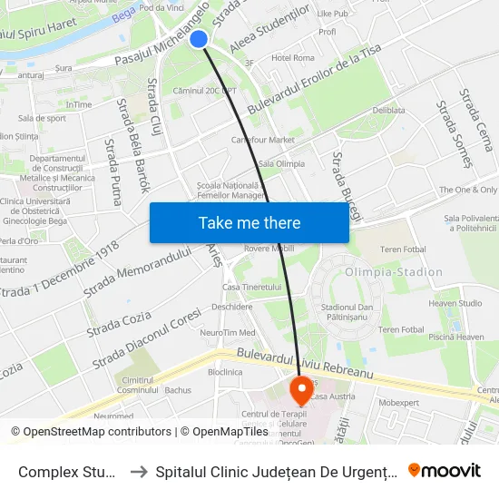 Complex Studențesc to Spitalul Clinic Județean De Urgență Pius Brînzeu map