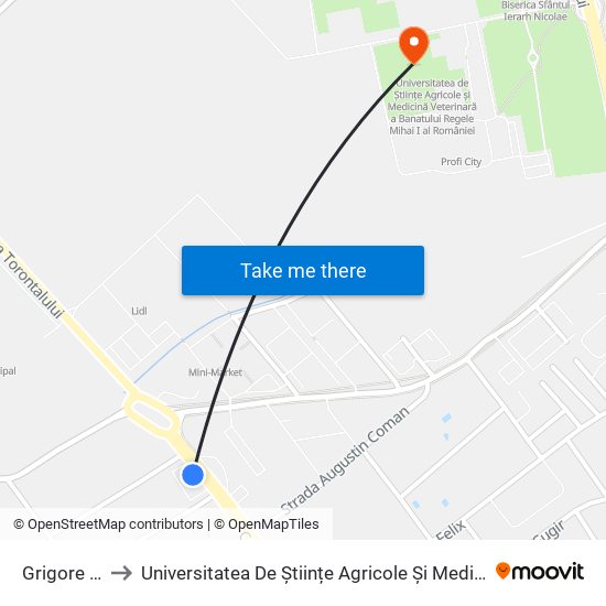 Grigore Alexandrescu to Universitatea De Științe Agricole Și Medicină Veterinară A Banatului Regele Mihai I Al României map