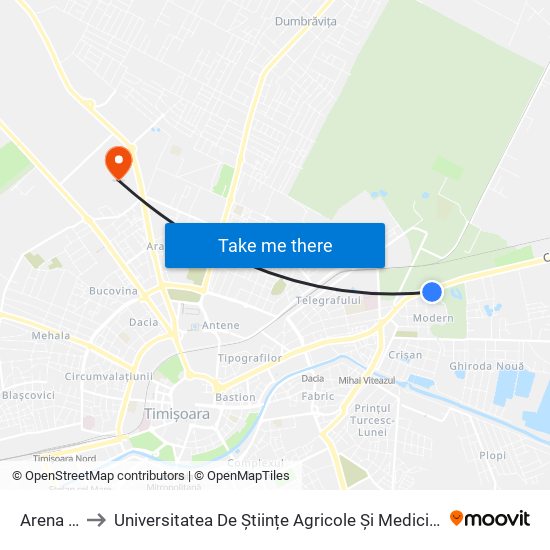 Arena Aquasport to Universitatea De Științe Agricole Și Medicină Veterinară A Banatului Regele Mihai I Al României map