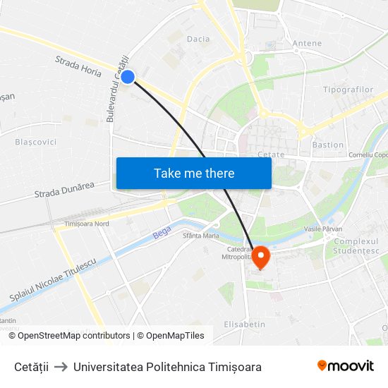 Cetății to Universitatea Politehnica Timișoara map