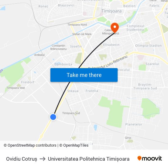 Ovidiu Cotruș to Universitatea Politehnica Timișoara map