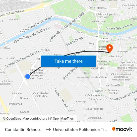 Constantin Brâncoveanu to Universitatea Politehnica Timișoara map