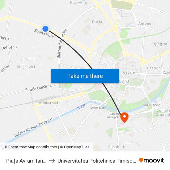 Piața Avram Iancu to Universitatea Politehnica Timișoara map