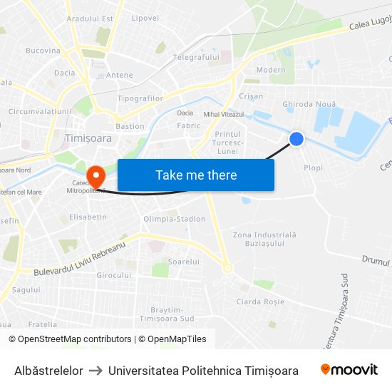 Albăstrelelor to Universitatea Politehnica Timișoara map