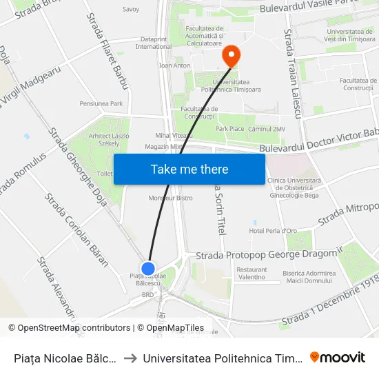 Piața Nicolae Bălcescu to Universitatea Politehnica Timișoara map