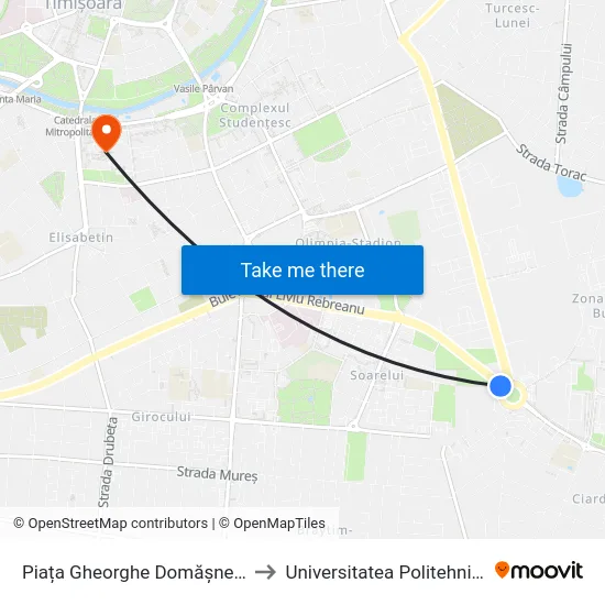 Piața Gheorghe Domășnean (Rebreanu) to Universitatea Politehnica Timișoara map