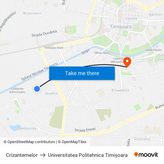 Crizantemelor to Universitatea Politehnica Timișoara map