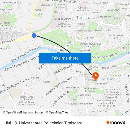 Jiul to Universitatea Politehnica Timișoara map