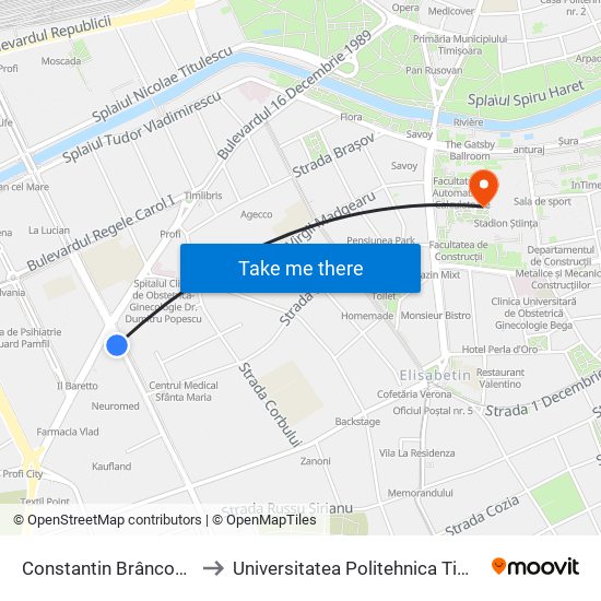 Constantin Brâncoveanu to Universitatea Politehnica Timișoara map