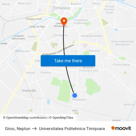 Giroc, Neptun to Universitatea Politehnica Timișoara map