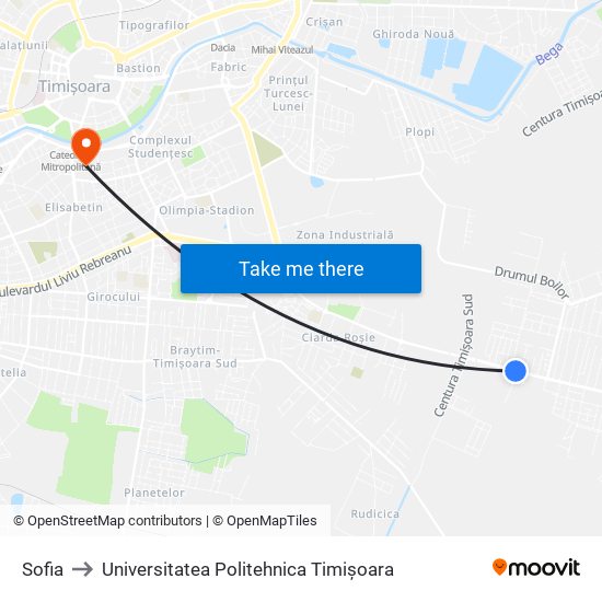 Sofia to Universitatea Politehnica Timișoara map