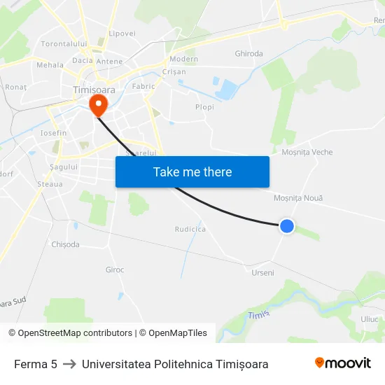 Moșnița Nouă | Ferma 5 to Universitatea Politehnica Timișoara map