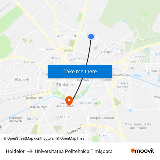 Holdelor to Universitatea Politehnica Timișoara map