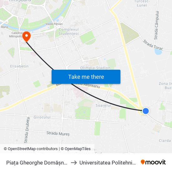 Piața Gheorghe Domășnean (Auchan) to Universitatea Politehnica Timișoara map