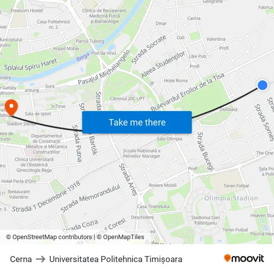 Cerna to Universitatea Politehnica Timișoara map