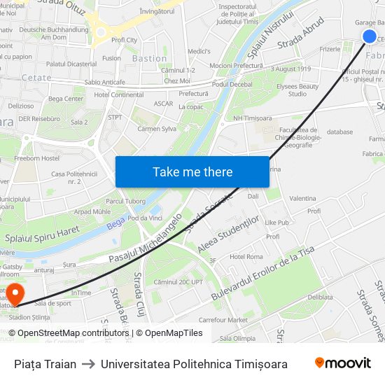 Piața Traian to Universitatea Politehnica Timișoara map