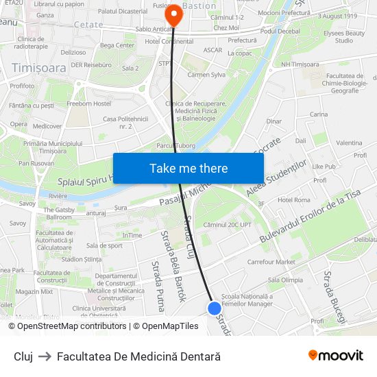 Cluj to Facultatea De Medicină Dentară map