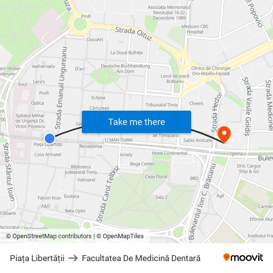 Piața Libertății to Facultatea De Medicină Dentară map