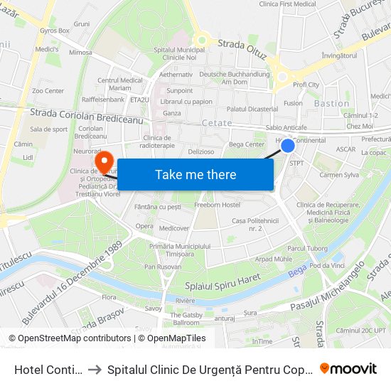 Hotel Continental to Spitalul Clinic De Urgență Pentru Copii Louis Țurcanu map