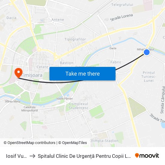Iosif Vulcan to Spitalul Clinic De Urgență Pentru Copii Louis Țurcanu map