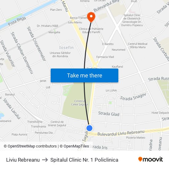 Liviu Rebreanu to Spitalul Clinic Nr. 1 Policlinica map