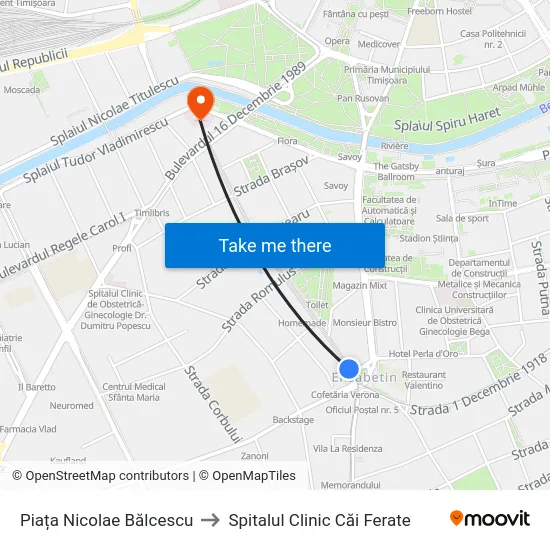 Piața Nicolae Bălcescu to Spitalul Clinic Căi Ferate map