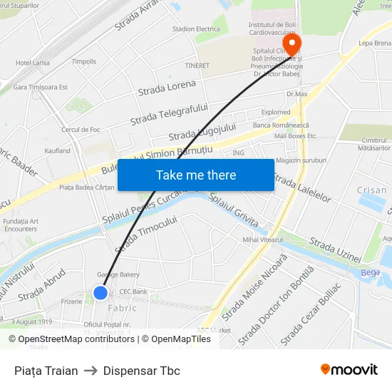 Piața Traian to Dispensar Tbc map