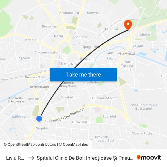 Liviu Rebreanu to Spitalul Clinic De Boli Infecțioase Și Pneumoftiziologie Dr. Victor Babeș map