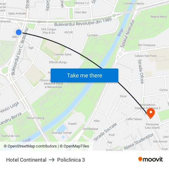 Hotel Continental to Policlinica 3 map