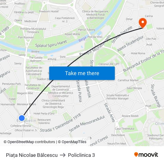 Piața Nicolae Bălcescu to Policlinica 3 map