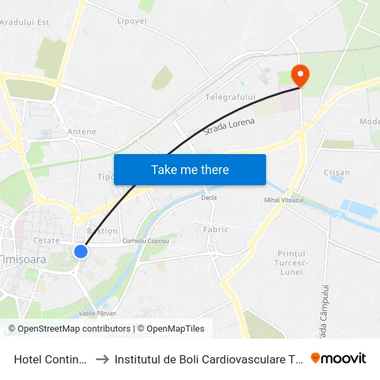 Hotel Continental to Institutul de Boli Cardiovasculare Timisoara map