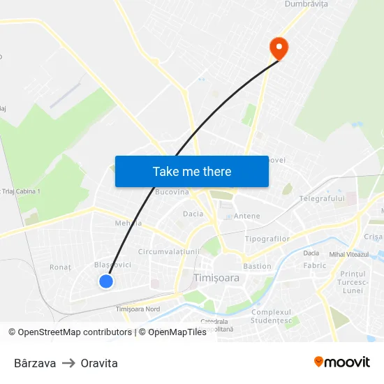 Bârzava to Oravita map