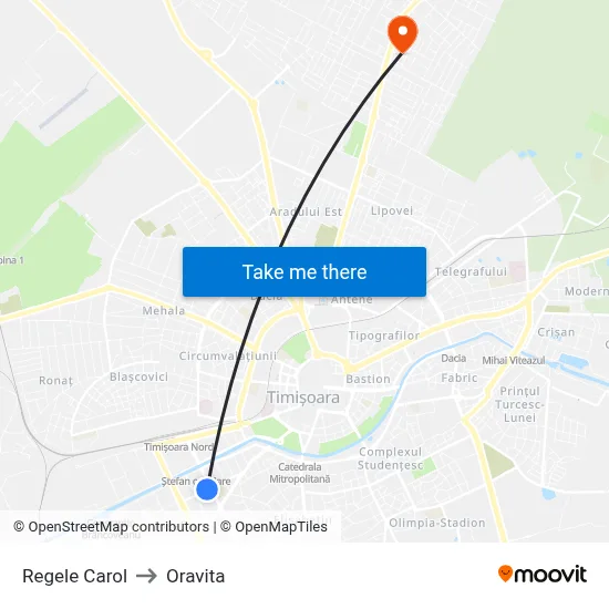 Regele Carol to Oravita map