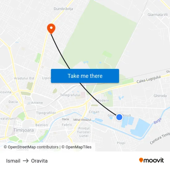 Ismail to Oravita map