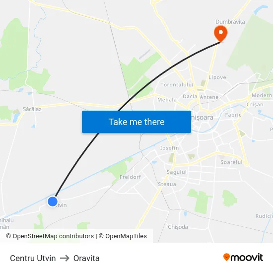 Centru Utvin to Oravita map
