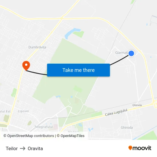 Teilor to Oravita map