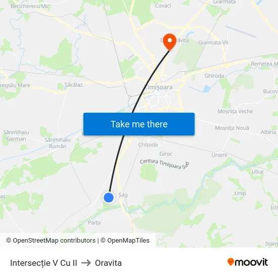 Intersecție V Cu II to Oravita map