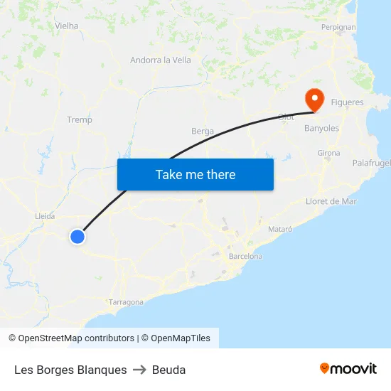 Les Borges Blanques to Beuda map