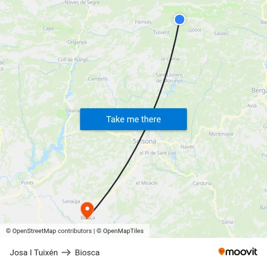 Josa I Tuixén to Biosca map