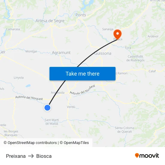 Preixana to Biosca map
