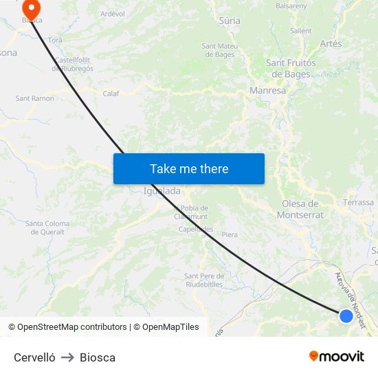 Cervelló to Biosca map