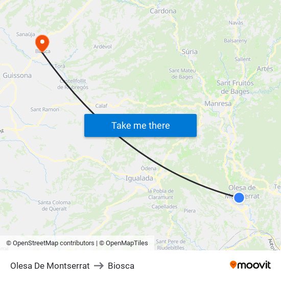 Olesa De Montserrat to Biosca map