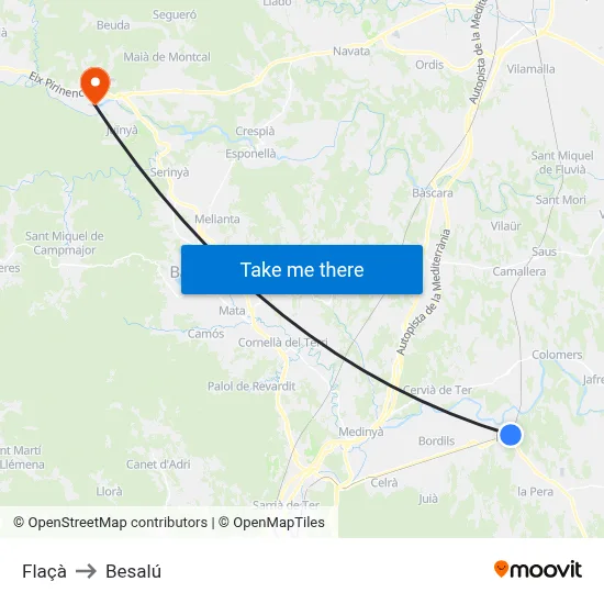 Flaçà to Besalú map